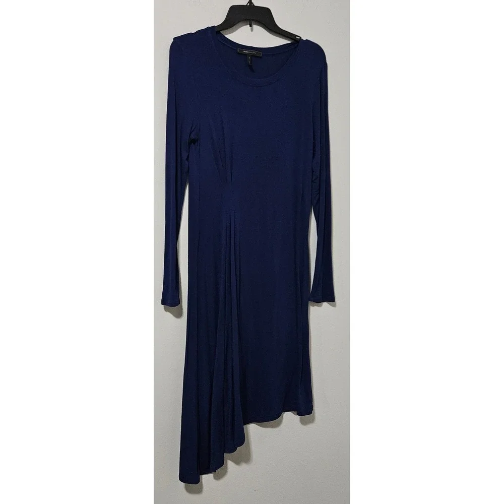 BCBGMAXAZRIA Navy‎ Blue Long Sleeve Asymmetrical Hem Pleated Waist Dress Medium